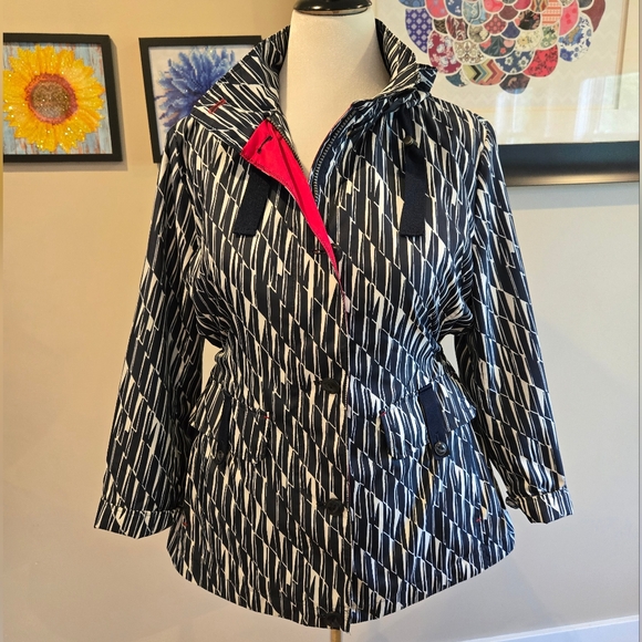 Lands' End Raincoat utility jacket Black, White with Red Accents - Picture 3 of 13